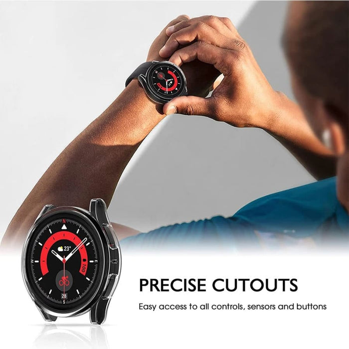 Clear protective case for Samsung Galaxy Watch 5 Pro 45mm, designed to shield the watch while showcasing its design.