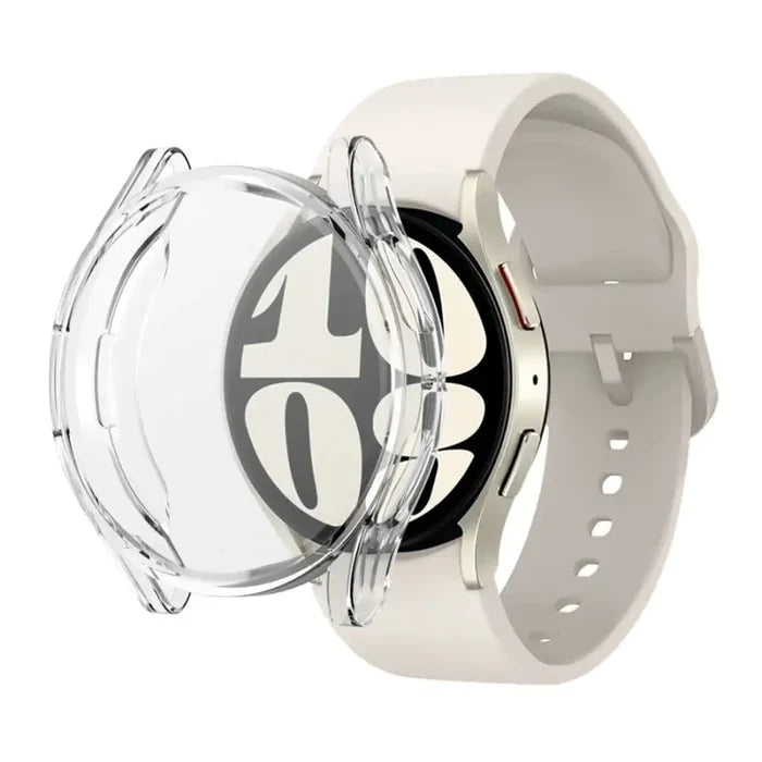 Clear Habicare protective case for Samsung Galaxy Watch 6 Classic 43mm, showcasing the watch with the case fitted.