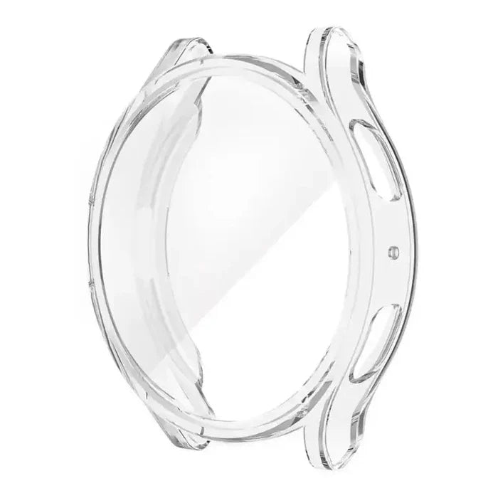 Clear Habicare protective case for Samsung Galaxy Watch 6 Classic 43mm, showing a transparent watch case protecting the device.