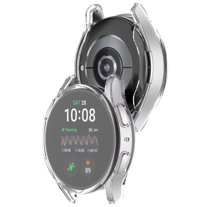 Clear protective case for Samsung Galaxy Watch 7 44mm, designed by That Watch Shop, shown on the watch in close-up.