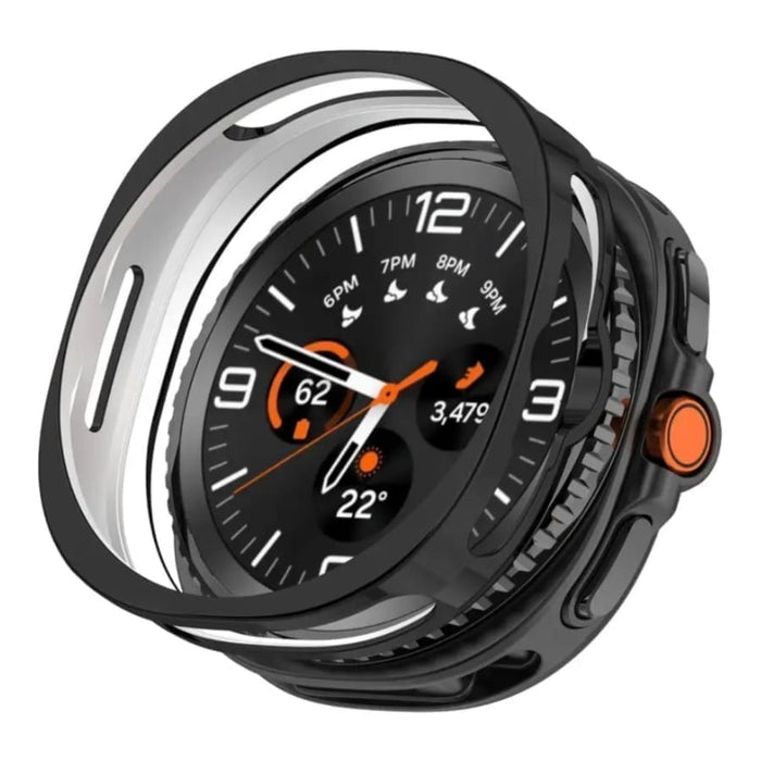 Black protective case for Samsung Galaxy Watch 8 Classic with screen protector, designed to safeguard the watch from scratches and impacts.