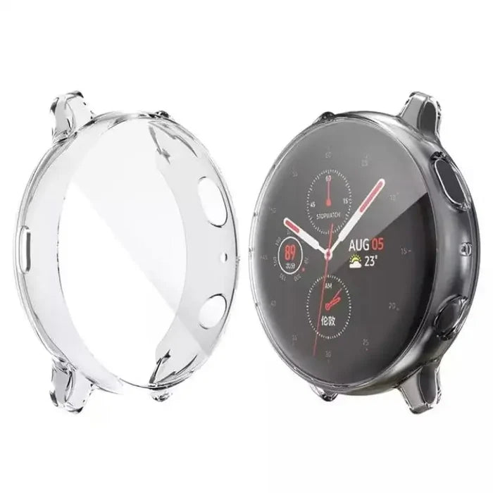 Clear protective case for Samsung Galaxy Watch Active 2 44mm by Habicare, showing the transparent watch cover with precise cutouts.
