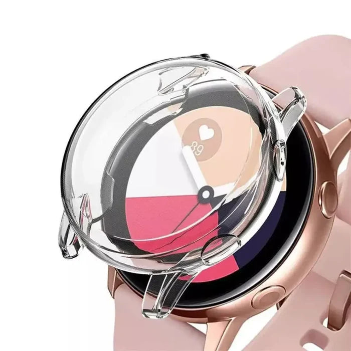Clear protective case for Samsung Galaxy Watch Active 2 44mm by Habicare, showing the transparent watch cover fitting the device.