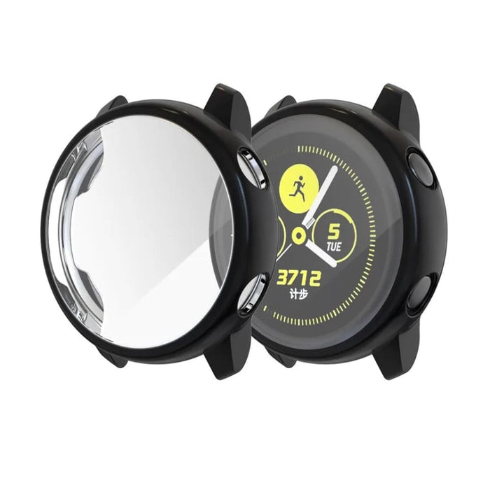 Black protective case for Samsung Galaxy Watch Active 40mm, made by That Watch Shop, showing the fitted cover on the watch.
