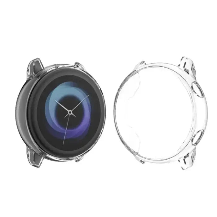 Clear protective case for Samsung Galaxy Watch Active 40mm by Habicare, showing the transparent, durable watch cover on the device.