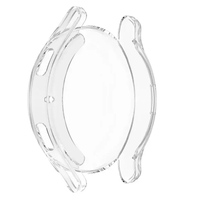 Clear protective case for Samsung Galaxy Watch FE 40mm by Habicare, showing the slim, transparent cover on the smartwatch.