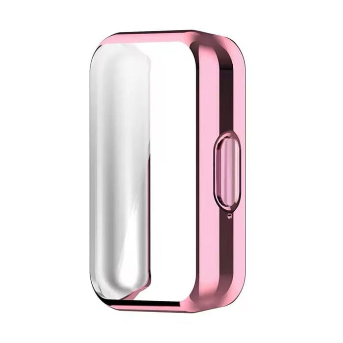 Pink protective case for Samsung Galaxy Watch Fit 3, clear bumper cover, designed to safeguard the smartwatch from scratches and impacts.
