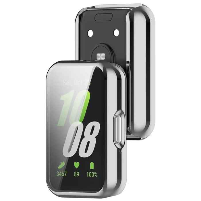 Silver protective case for Samsung Galaxy Watch Fit 3, designed to safeguard the smartwatch with a sleek, durable cover.