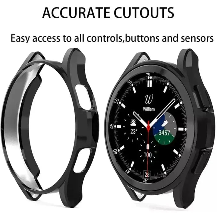 Black Habicare protective case for Samsung Galaxy Watch Gear S3, showing the durable, snug-fitting watch case on the device.