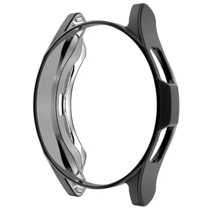 Black Habicare protective case for Samsung Galaxy Watch Gear S3, showing a snug fit around the watch face and band.