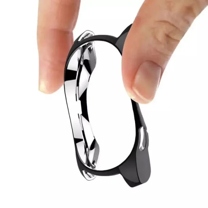Black Habicare protective case for Samsung Galaxy Watch Gear S3, shown fitted on the smartwatch, highlighting durable coverage and design.