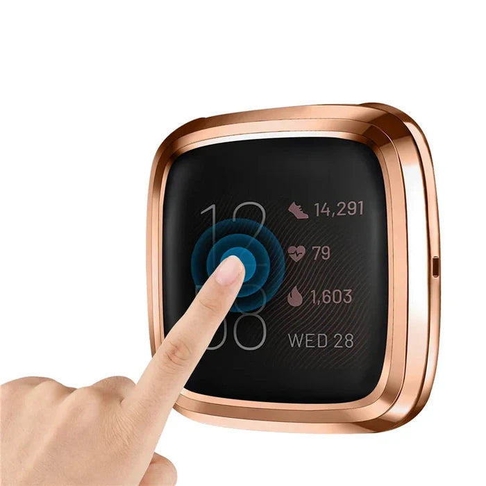 Habicare protective case for Fitbit Versa 2 in five colors, designed for TWS style, with a close-up view showing fit and texture.