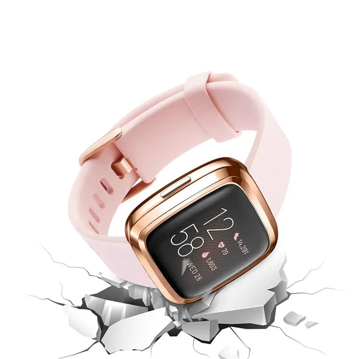Habicare protective case for Fitbit Versa 2 in five colors, TWS style, showing the colorful, sleek silicone cover on the smartwatch.