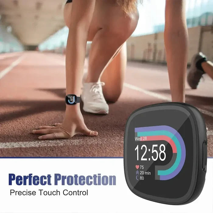 Habicare protective TWS case for Fitbit Versa 4, showing a durable, clear silicone cover with precise cutouts for buttons and ports.
