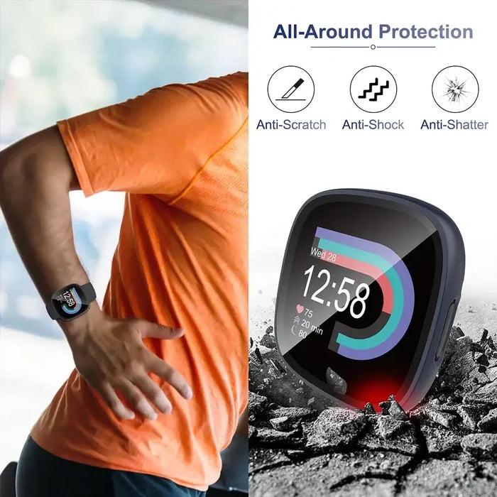 Habicare protective TWS case for Fitbit Versa 4, showing a durable, clear cover fitted on the smartwatch face.