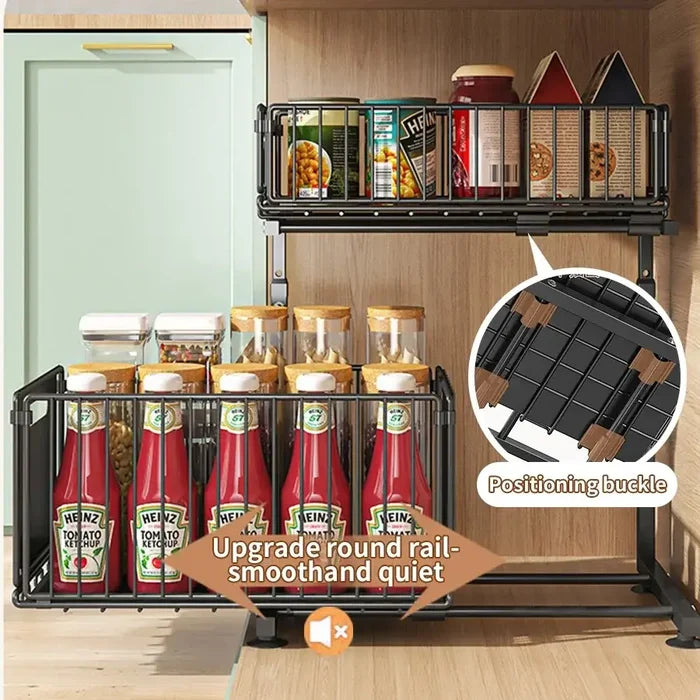 Habicare black and white 2-tier pull-out under sink organizer with adjustable sliding shelves for kitchen storage.