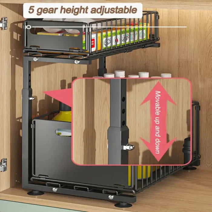 Black and white Habicare pull-out under sink organizer with two adjustable sliding shelves for efficient storage.