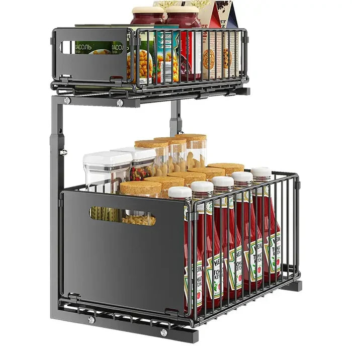 Habicare black and white 2-tier pull-out under sink organizer with adjustable sliding shelves for efficient storage.
