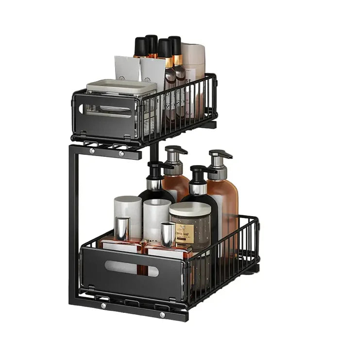 Habicare black and white pull-out under sink organizer with two adjustable sliding shelves for easy kitchen storage.
