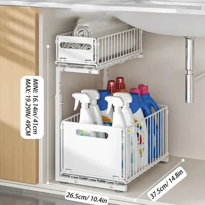 Habicare black and white pull-out under sink organizer with two adjustable sliding shelves for easy storage and organization.