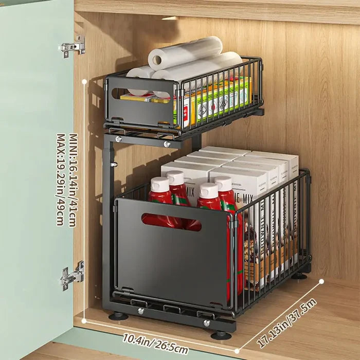 Habicare black and white 2-tier pull-out under sink organizer with adjustable sliding shelves for kitchen storage.