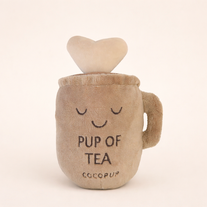 Plush dog toy shaped like a mug, with Pup of Tea text, smiley face, and heart detail on front.