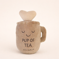Plush dog toy shaped like a mug, with Pup of Tea text, smiley face, and heart detail on front.