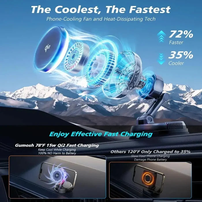 Black Qi2 15W Mag-Safe car mount charger by 9eight5 from Habicare, securely holds and charges compatible smartphones in vehicle.