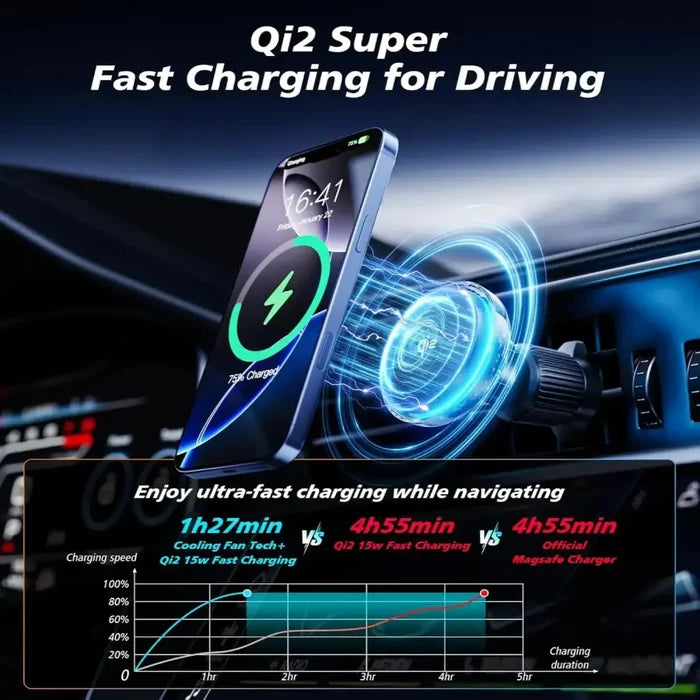 Black 9eight5 Habicare Qi2 15W Mag-Safe car mount charger attached to a vehicle air vent for iPhone charging.