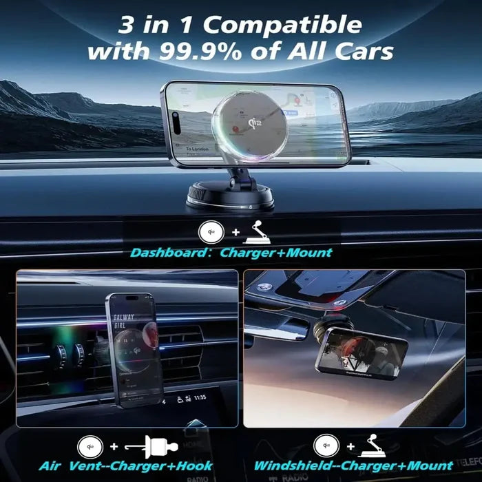 Black Qi2 15W Mag-Safe car mount charger by 9eight5 from Habicare, securely holding and charging compatible iPhone devices in vehicle.