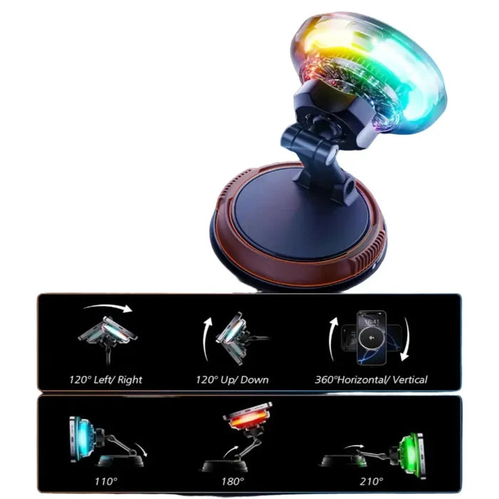 Black 9eight5 Qi2 15W Mag-Safe car mount charger by Habicare shown mounted in a vehicle for wireless charging.