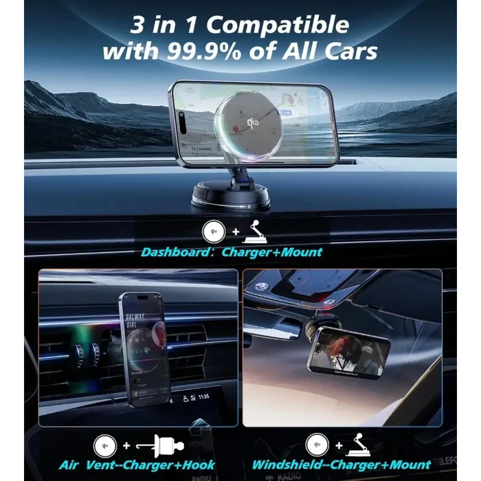 Habicare Qi2 15W Mag-Safe car mount charger in black attached to a vehicle dashboard, designed for easy phone charging on the go.