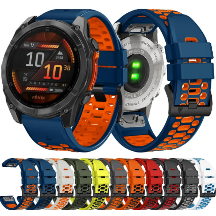 Habicare Quick Fit silicone strap for Garmin Fenix 7X and 7X Pro, shown in multiple colors, designed for comfortable wear.