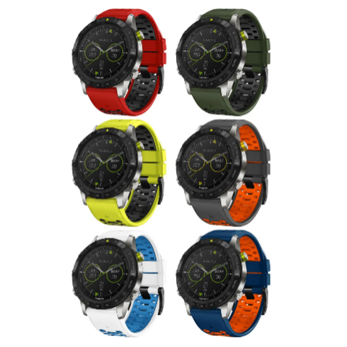 Habicare Quick Fit silicone strap for Garmin Fenix 7X and 7X Pro, available in 12 colors, shown on smartwatch.