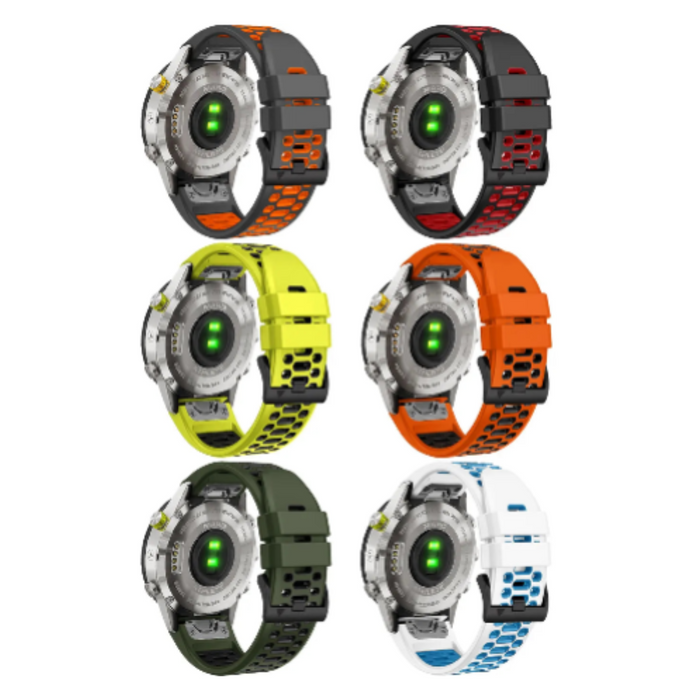 Habicare Quick Fit silicone strap for Garmin Fenix 7X & 7X Pro, available in 12 colors, shown in black, blue, and red.