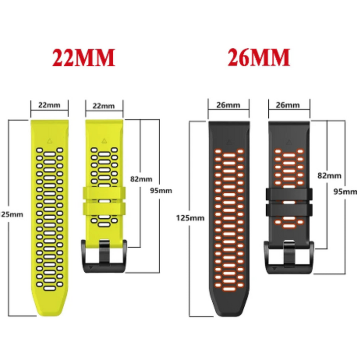 Habicare Quick Fit silicone strap for Garmin Fenix 7X and 7X Pro in multiple colors, shown in a close-up image.