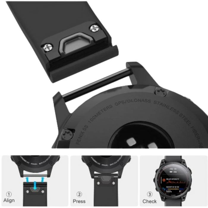 Habicare QuickFit silicone strap for Garmin Approach S60, TWS style, available in five colorful options, shown in black and red.
