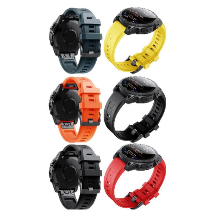 Habicare QuickFit silicone strap for Garmin Approach S60, TWS style, in three color options, showing close-up of strap detail.