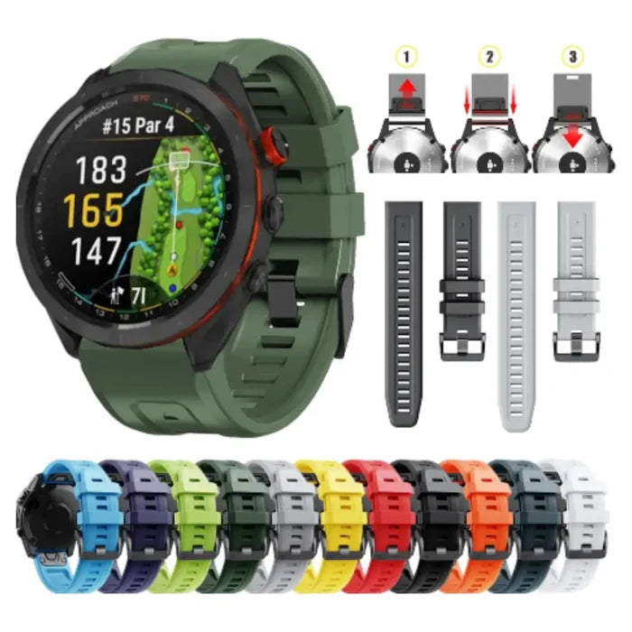 Habicare QuickFit silicone strap for Garmin Epix Pro 47mm in various colors, designed for comfortable wear and easy attachment.