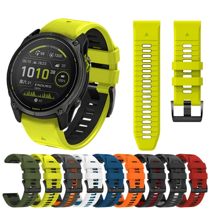 Habicare QuickFit silicone strap for Garmin flagship models, available in 46 colors and 2 sizes, shown in image.