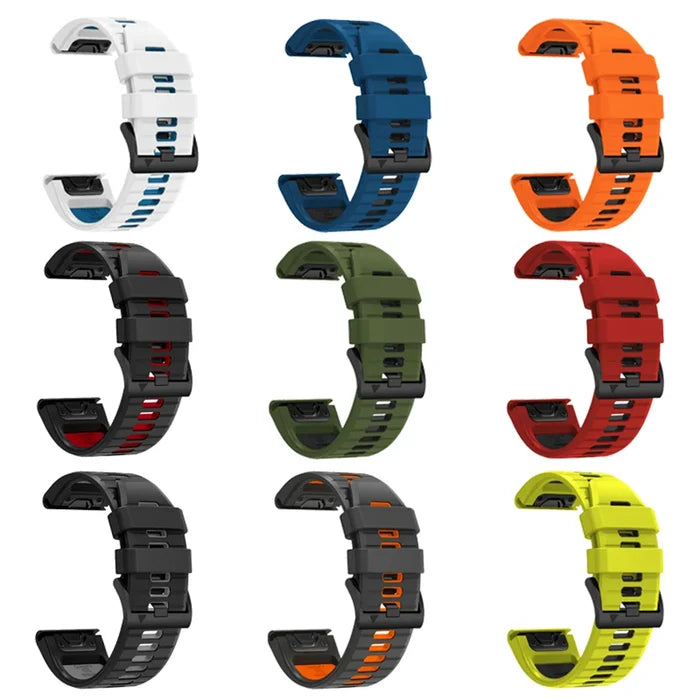 Habicare QuickFit silicone strap for Garmin flagship models, shown in multiple colors and sizes, designed for comfortable TWS wear.
