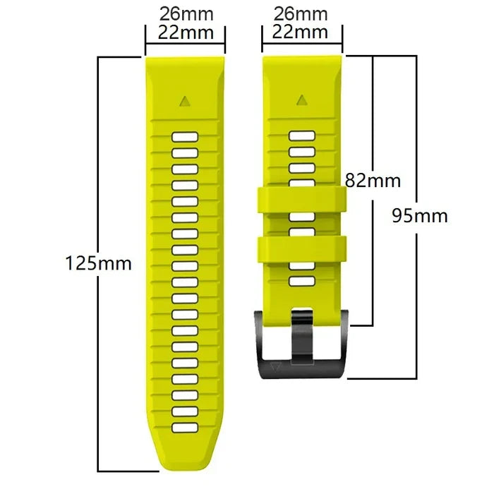 Habicare QuickFit silicone strap for Garmin flagship models, shown in multiple colors and sizes for TWS smartwatches.