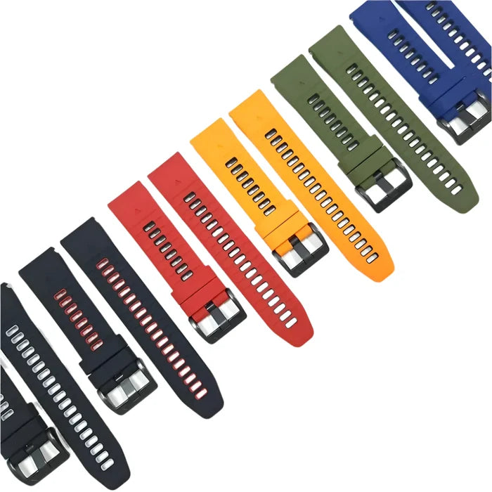 Habicare QuickFit silicone strap for Garmin flagship models, available in 2 sizes and 46 colors, shown on a smartwatch.