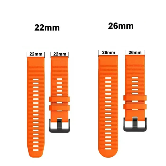Habicare QuickFit silicone strap for Garmin flagship models, available in two sizes and 46 colors, shown on a TWS smartwatch.