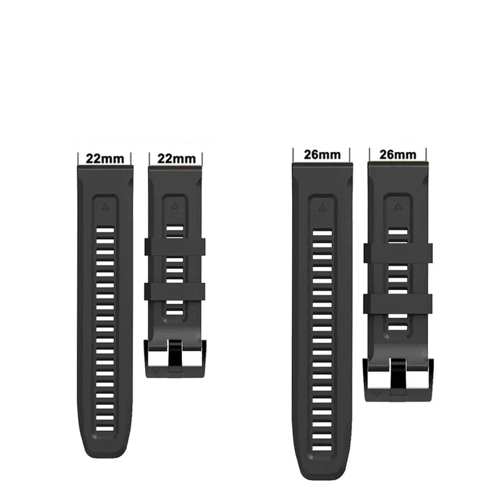 Habicare QuickFit silicone strap for Garmin flagship models, featuring two sizes and 46 colors, shown in a close-up view.