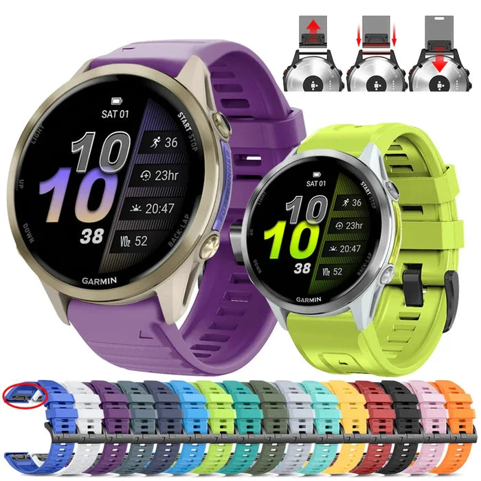 Habicare Quickfit silicone strap for Garmin watch series, available in various models and 46 vibrant colors.