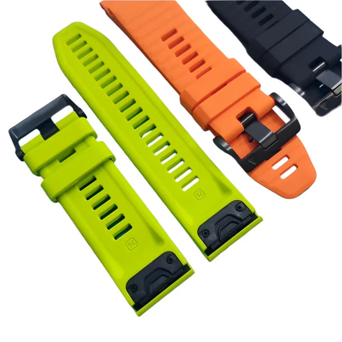 Habicare Quickfit silicone strap for Garmin watch series, TWS style, in various colors, shown on a Garmin watch model.
