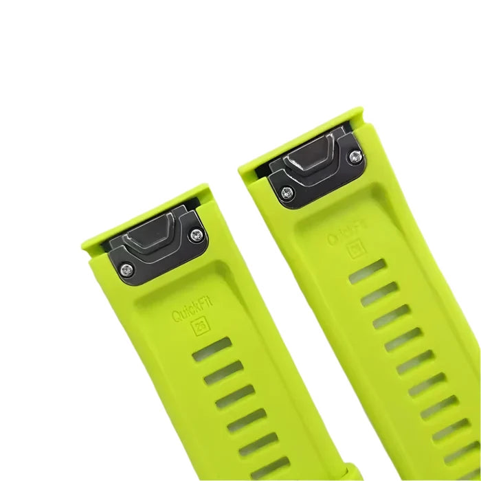 Habicare Quickfit silicone strap for Garmin watch series, available in various models and 46 colors, shown on a smartwatch.