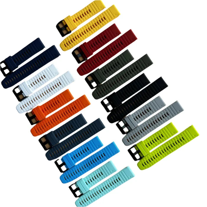 Habicare Quickfit silicone strap for Garmin watch series, TWS model, in various colors, showing the strap's smooth texture and fastening.