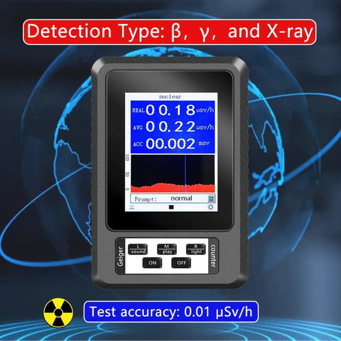 9eight5 Radiation Detector Geiger Counter XR1 with real-time mean cumulative radiation measurement showing digital display and sensor probe.
